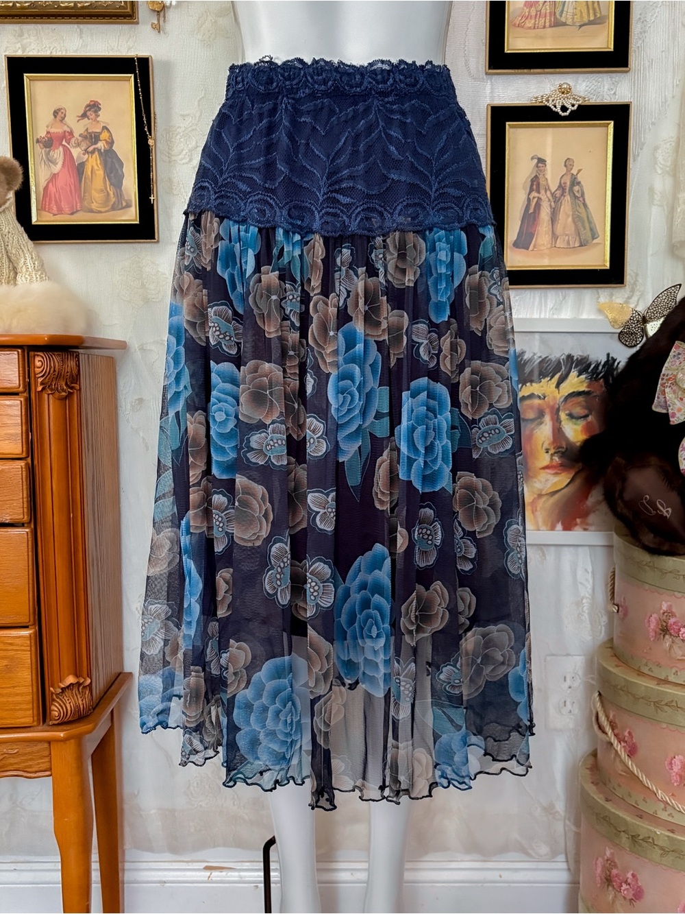 Whimsigoth fairy coquette girly lace trim lettuce hem floral long midi skirt